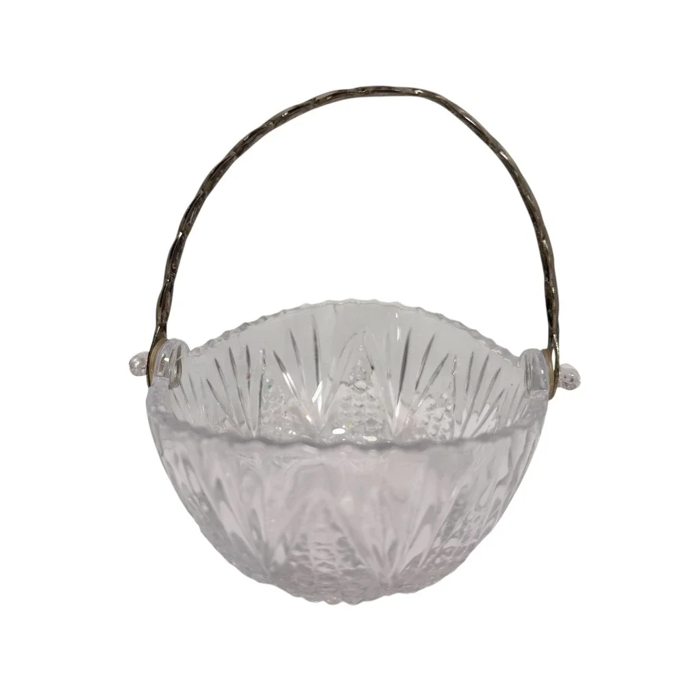 Vintage Mikasa Cut Glass Crystal Basket Candy Dish Silver Tone Twisted Handle